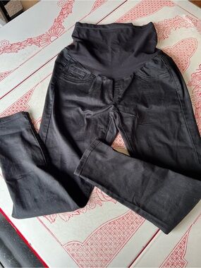 Petite Indigo Blue Black Twill Maternity Full Panel Skinny Pants